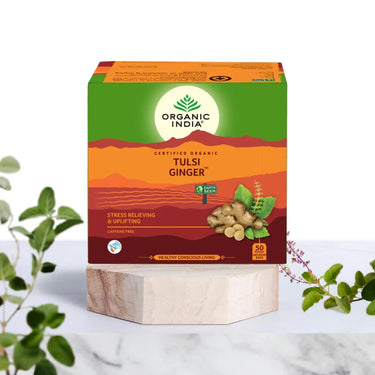 A TATA Product - Organic India Tulsi Ginger - 50 Tea Bags, Rich in Antioxidants, Supports Digestion, Stress Relieving, Helps Boost Metabolism, Caffeine-Free, Whole Herbs